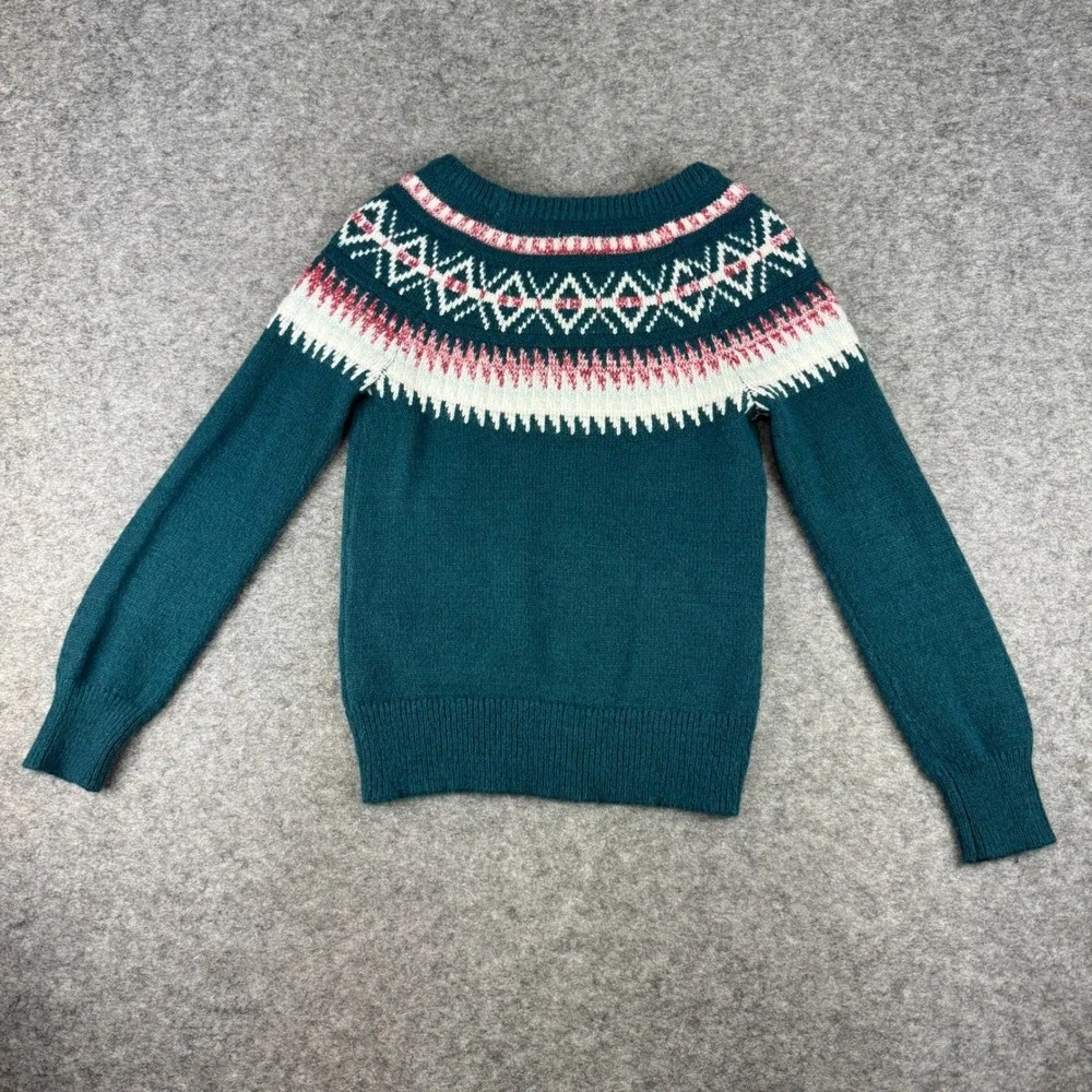 Maurices Womens XS Teal Blue Fair Isle Knit Crewneck Sweater Nordic Geometric